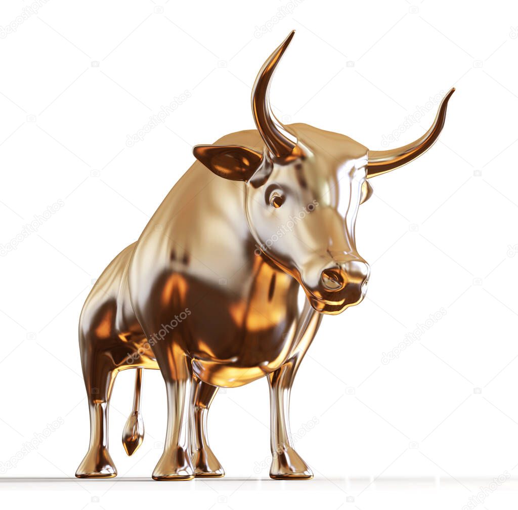 3D golden bull isolated on white background.