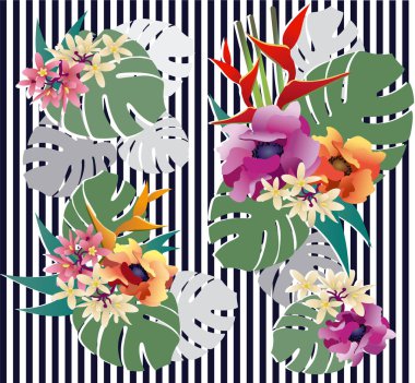 Vektör çizim güzel tropikal çiçeklerle. Vektör desen.