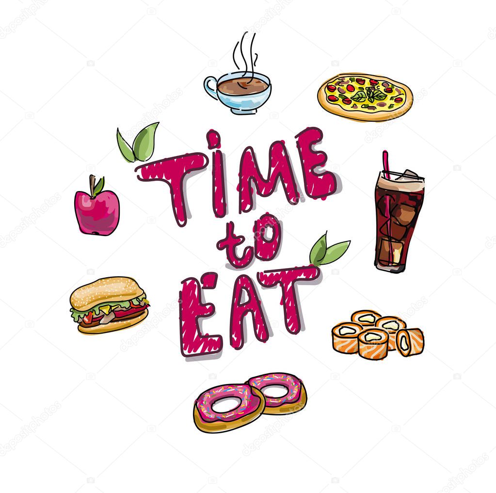 Appetizing and bright food illustrations. Juicy burger, fragrant pizza, sushi, donuts with glaze and drinks.