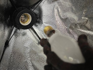 The image shows the interior of a softbox, a common lighting modifier used in photography and videography.