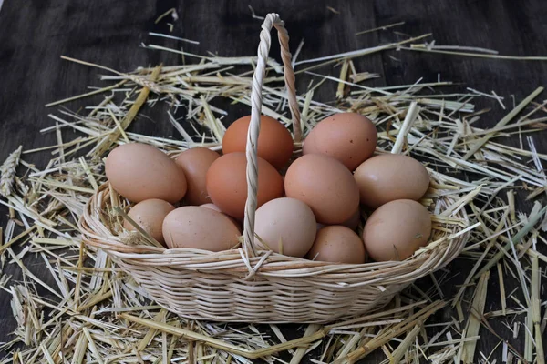 Samanlarn Uzerinde Sepet Icerisinde Organik Yumurtalar — Stockfoto