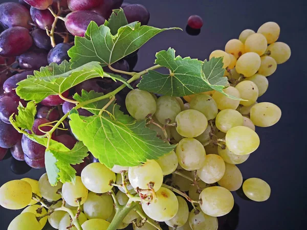 Seedless Yellow Grapes Red Grapes Black Shiny Background — 스톡 사진
