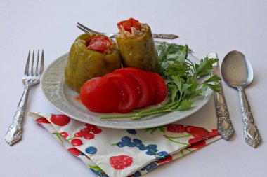 Tabak icerisinde biber, kabak dolmasi, maydanoz ve domatezler 