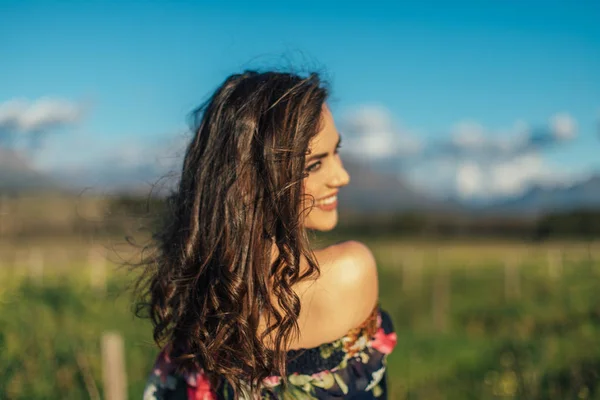 Porträt Der Schönen Brünetten Frauen Feld — Stockfoto