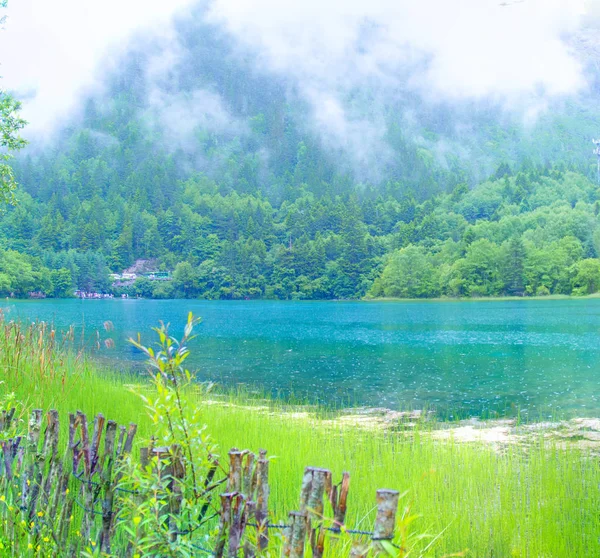 Jiuzhaigou, Çin'in zirveleri ve gölleri -- yaz 2017: jiuzhaigou doğal alanı içinde, bulutlar ve bulutlar arasında zirveler. Çitteki bitkiler, mavi göl..
