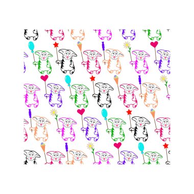 duvar kağıdı için şablon. komik çocuk çizim: bir kedi, şeker, topları, kalpler ...   