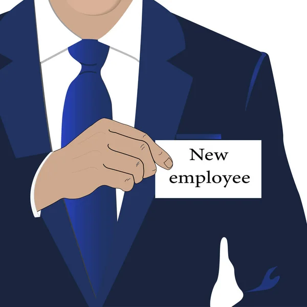 穿着时尚蓝色西装的男子拿着一个新员工的徽章 — 图库矢量图片