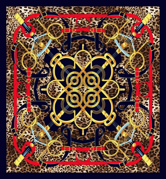 Patrón cuadrado, diseño de bufanda de cabeza de moda con cadenas de oro, rojo y leopardo —  Fotos de Stock