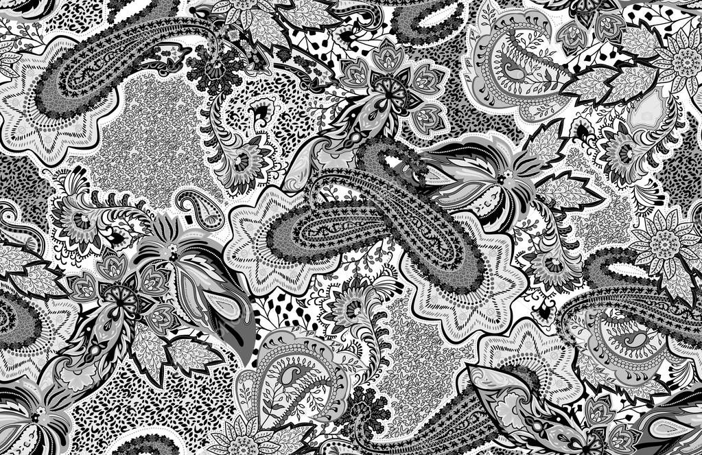 Seamless black and white paisley pattern.