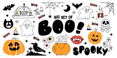 Büyük bir grup ürkütücü cadılar bayramı karalama ikonları ve balkabağı ile hayaletler kafatasları yarasalar şekerler mumlar ve ürkütücü elementler. Mevsimlik tatil tasarım projeleri için el çizimi festival illüstrasyon koleksiyonu