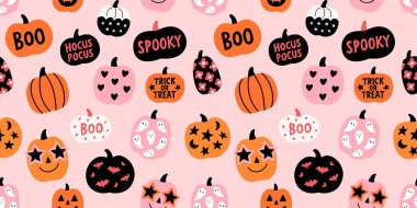 Dekoratif balkabaklarıyla cadılar bayramı kusursuz desenli Jack O Lantern yüzleri ve el yapımı tasarımları. Her balkabağı farklı ürkütücü elementler içerir. Boo metin hayaletleri, yarasalar, çiçekler ve kalpler gibi.