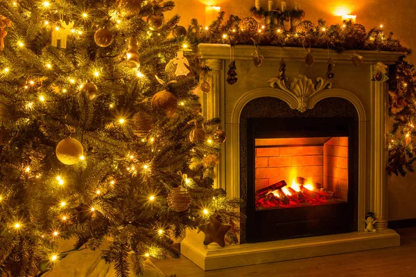 New Year Eve Happy New Year Christmas Cozy Room Fireplace — Stock Photo, Image