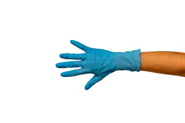 Renkli lastik eldiven kadın elinde. Beyaz arka plan üzerinde yalıtmak. Bir restoran veya bir doktor bir aşçı iş kavramı