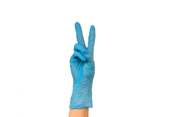 Изолируйте Руку Показывая Два Пальца Синей Резиновой Перчатке Белом Фоне — стоковое фото