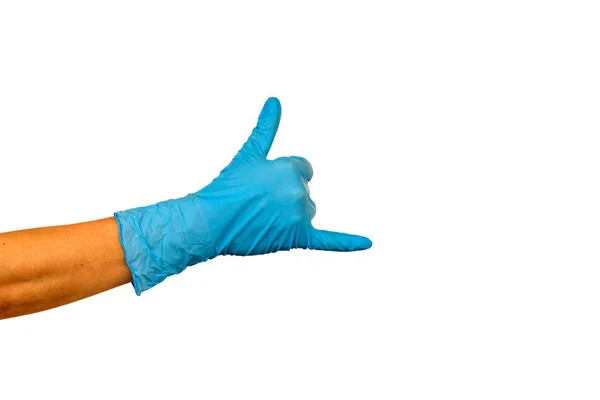 Изолируйте Руку Показывая Два Пальца Синей Резиновой Перчатке Белом Фоне — стоковое фото