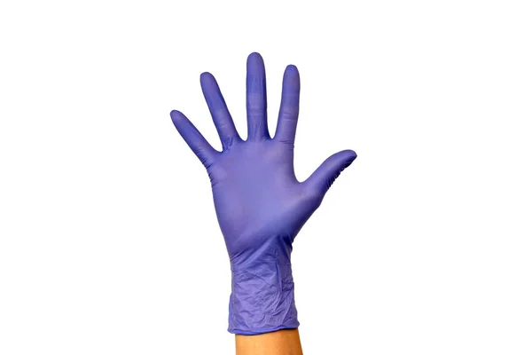 Kvinnlig Hand Färgad Gummihandske Isolera Vit Bakgrund Begreppet Arbete Kock — Stockfoto