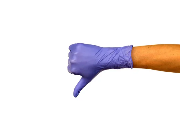 Izolowanie Ręką Rękawicy Bez Gumy Białym Tle Gest Kciuk Dół — Zdjęcie stockowe