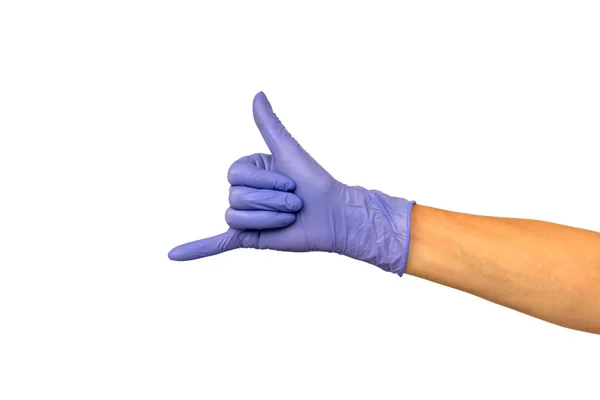在白色背景上 用紫色橡胶手套中的两个手指隔离手 岩石或角 外科医生或清洁的厨师成功工作的概念 — 图库照片