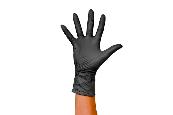 男性和女性手在不同颜色的橡胶手套在白色背景被隔绝显示不同的手势 — 图库照片