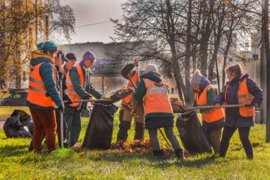 Kapıcı üniformalı bir elektrikli süpürge ile kaldırır düşen sarı yapraklar yeşil çimen sokak sonbahar üzerinde bir şehir parkında. Temiz şehir ve temiz hava, çalışma kavramı