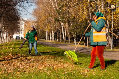 Kapıcı üniformalı bir elektrikli süpürge ile kaldırır düşen sarı yapraklar yeşil çimen sokak sonbahar üzerinde bir şehir parkında. Temiz şehir ve temiz hava, çalışma kavramı