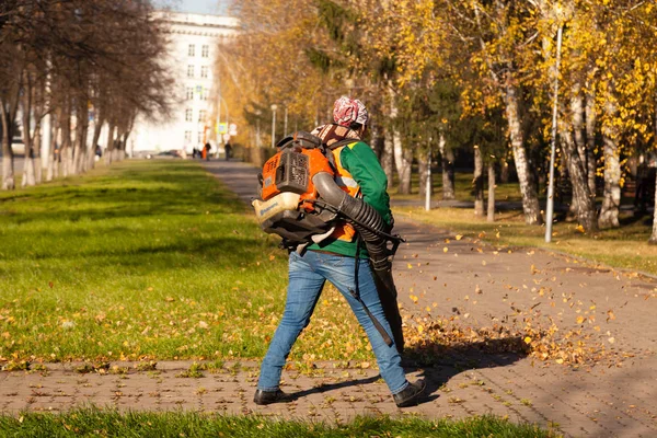 Janitor in a uniform with a vacuum cleaner removes fallen yellow leaves from green grass on an autumn street in a city park. The concept of clean city and work in the fresh air