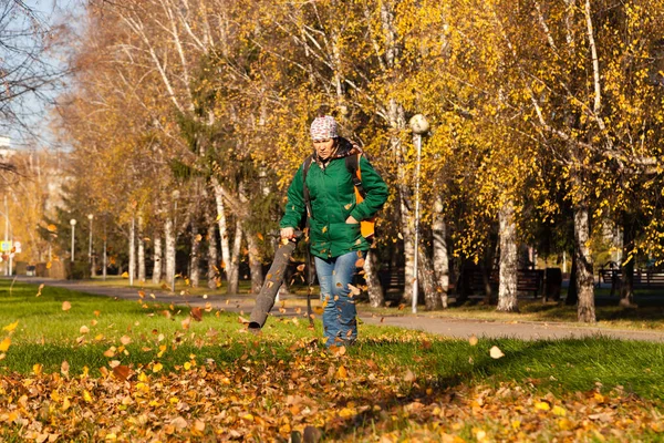 Janitor in a uniform with a vacuum cleaner removes fallen yellow leaves from green grass on an autumn street in a city park. The concept of clean city and work in the fresh air