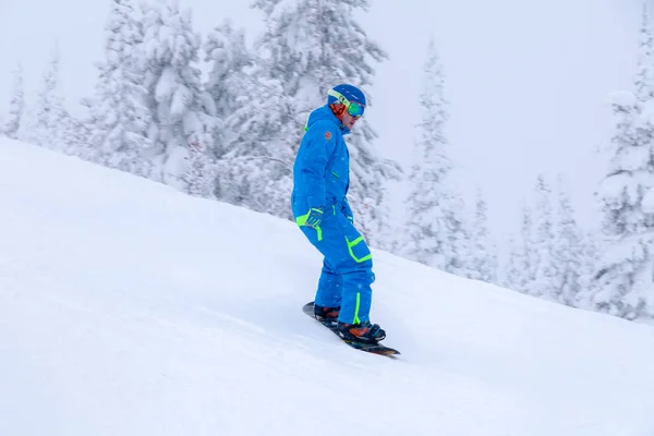 Oroszország Sheregesh 2018 Szakmai Snowboardos Kék Sportruházat Felszerelés Síelés Lefelé — Stock Fotó