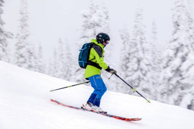 Rusya, Sheregesh 2018.11.18 profesyonel kayakçı parlak spor giyim ve yokuş aşağı karlı güneşli yüksek dağlarda kayak kıyafeti. Bulanıklık, yumuşak odak, nesne hareket. Güvenli dinlenme kavramı