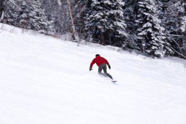 Rusya, Sheregesh 2018.11.18 profesyonel snowboard parlak spor giyim ve yokuş aşağı karlı güneşli yüksek dağlarda at binme kıyafeti. Bulanıklık, yumuşak odak, nesne hareket. Kavram freeride, tehlike spor
