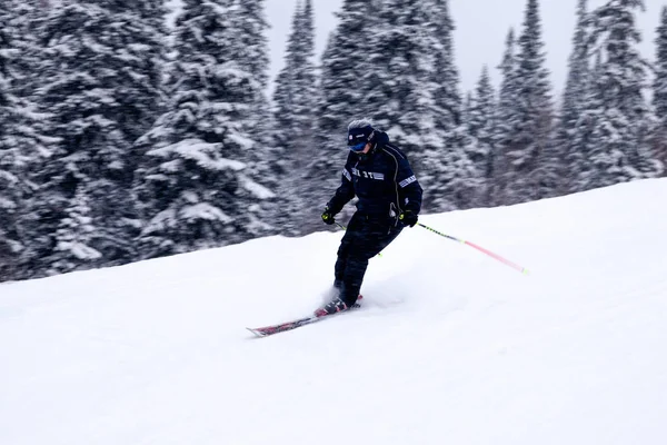 俄罗斯 谢雷格什2018 专业滑雪者在明亮的运动服和装备滑雪下坡在雪阳光明媚的高山 软聚焦 物体在运动 安全休息的概念 — 图库照片