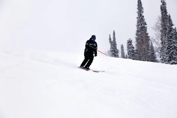 俄罗斯 谢雷格什2018 专业滑雪者在明亮的运动服和装备滑雪下坡在雪阳光明媚的高山 软聚焦 物体在运动 安全休息的概念 — 图库照片