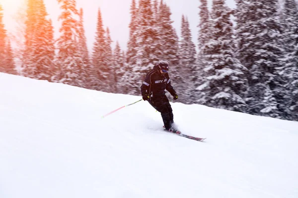 Russland Sheregesh 2018 Professioneller Skifahrer Heller Sportbekleidung Und Outfit Beim — Stockfoto