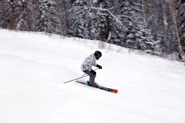 Rusland Sheregesh 2018 Professionele Skiër Heldere Sportkleding Outfit Skiën Afdaling — Stockfoto