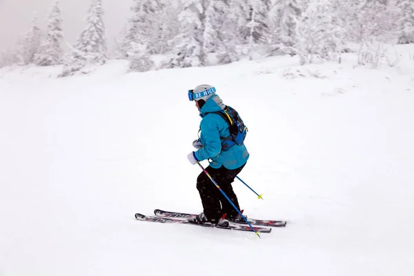 俄罗斯 谢雷格什2018 专业滑雪者在明亮的运动服和装备滑雪下坡在雪阳光明媚的高山 软聚焦 物体在运动 安全休息的概念 — 图库照片