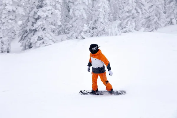 Rusya, Sheregesh 2018.11.18 profesyonel snowboard içinde parlak — Stok fotoğraf