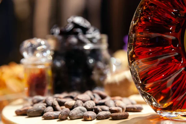 Closeup Luxury Cognac Brandy Crystal Bottle Nuts Snacks Prunes Concept — Stock Photo, Image