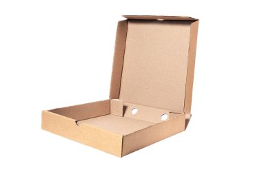 Closeup of empty open cardboard beige pizza boxes. Concept order of fast delivery food, meal, dinner, lunch from Italian cuisine restaurant in carton containers