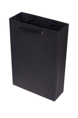 Portre siyah kağıt boş paket ile izole üzerinde beyaz arka plan işleme. Konsept perakende, alışveriş, iç çamaşırı, alkol, Noel hediyeleri, kasvetli paket şık az ve öz ambalaj