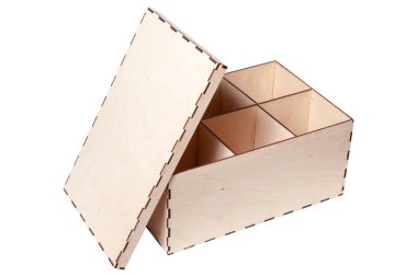 Closeup natural wood texture opened box separated on six compartment with lid, unpainted. Concept crate, container, storage, timber, packaging, delivery, space, inscription, copy