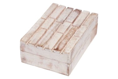 Beyaz arka plan üzerinde izole Closeup vintage doku ahşap eski yıpranmış yaşlı boş kapalı dikdörtgen kutu tabut. Kavramı konteyner takı, tatlılar, SCANDI dekor ev, hygge iç için