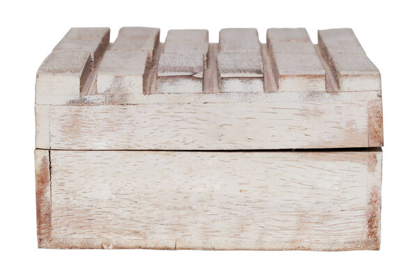 Closeup vintage texture wooden old weathered aged empty closed rectangular box casket isolated on white background. Concept container for jewelry, sweets, scandi decor for home, hygge interior