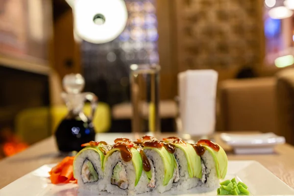 Closeup Shogun Sushi Roll Avocado Strawberry Teriyaki Sauce Sesame Wasabi — 图库照片