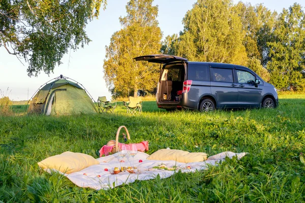 Picnic in the forest, tent and camp chairs, gray minibus with open door, blanket, wicker basket, wine glasses, snacks, fruit, bread, pillows. Concept of romantic camp date nature in sunny day