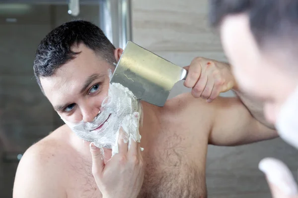 Shaving Man Big Knife Concept Brutal Caucasian Brunette Men Blue — Stock Photo, Image