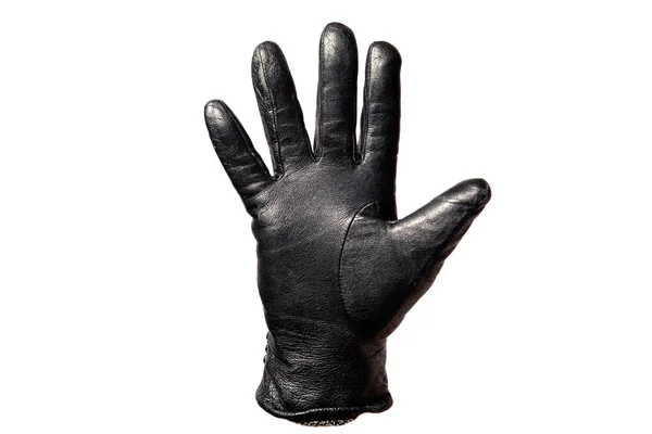 Kapalı Siyah Deri Eldiven Parmaklar Beş Numarayı Gösteriyor Beyaz Arka — Stok fotoğraf