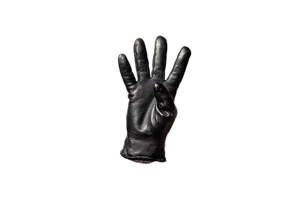 Kapalı Siyah Deri Eldiven Parmaklar Dört Numarayı Gösteriyor Beyaz Arka — Stok fotoğraf