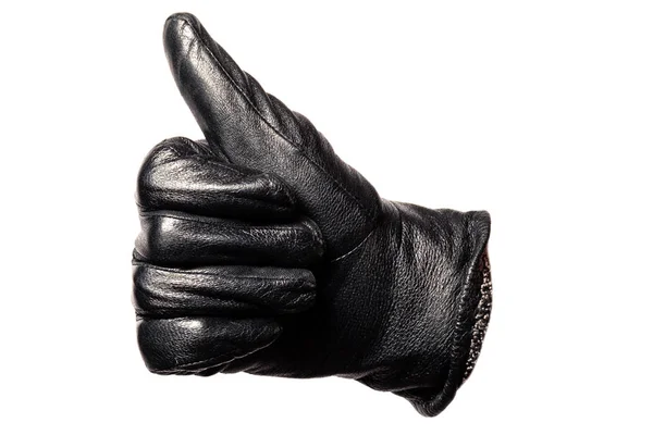 Zbliżenie Czarna Skórzana Rękawica Palce Pokazane Kciuki Góry Znak Odizolowany — Zdjęcie stockowe