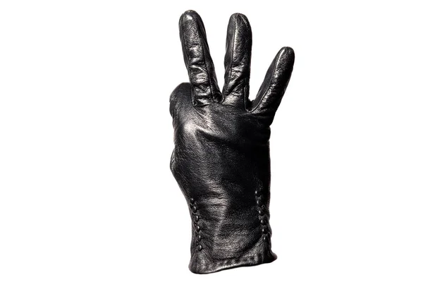 Detailní Černá Kožená Rukavice Prsty Ukazující Číslo Tři Izolované Bílém — Stock fotografie