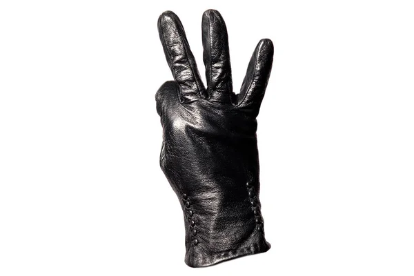 Detailní Černá Kožená Rukavice Prsty Ukazující Číslo Tři Izolované Bílém — Stock fotografie